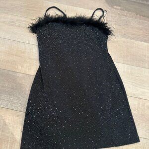 ALIISON + KELLY BLACK SPARKLY SHORT COCKTAIL DRESS WITH FUR LARGE